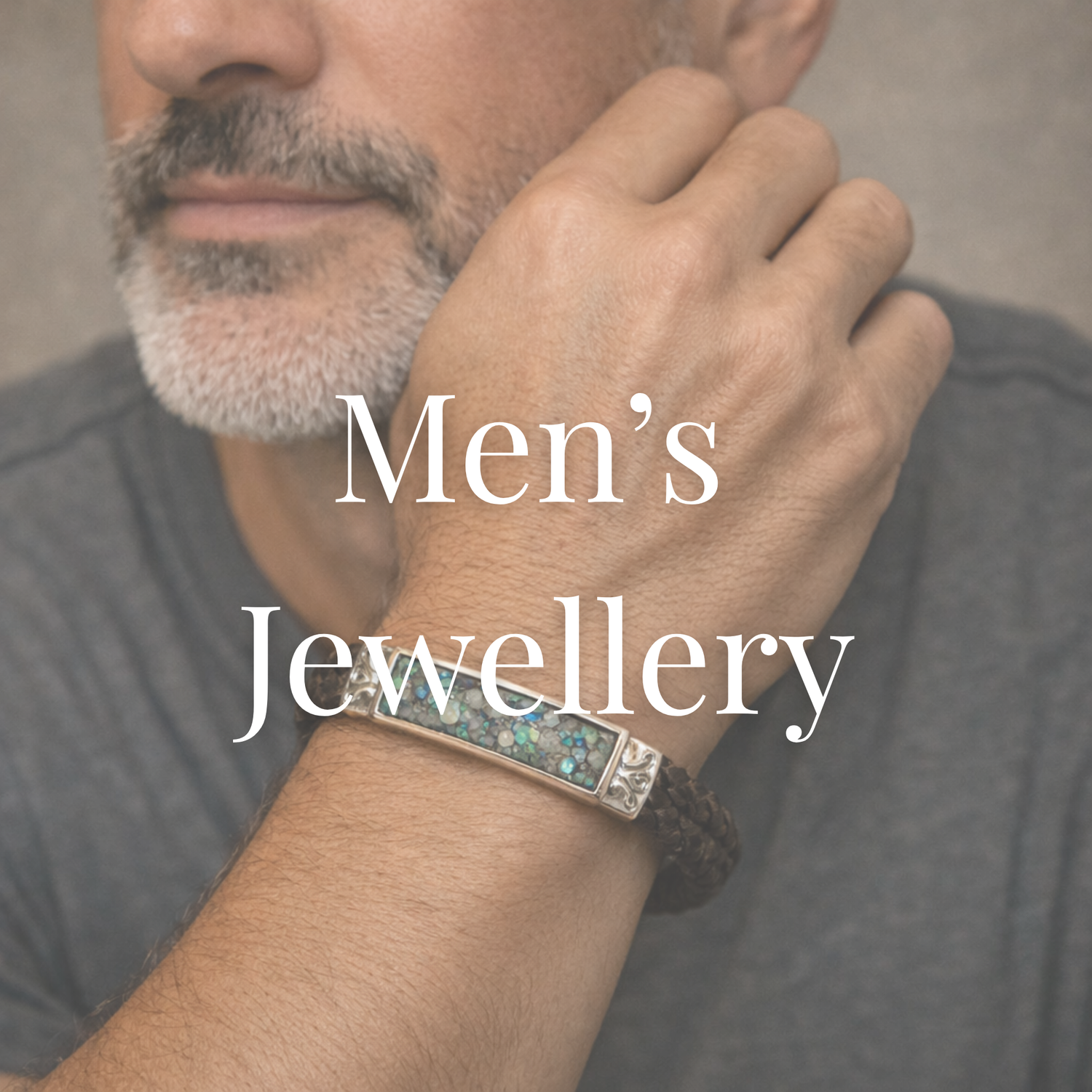 Men's keepsake jewellery collection featuring handcrafted sterling silver bracelets, rings, cufflinks and tie clips personalised with cremation ashes, hair and other treasured inclusions.