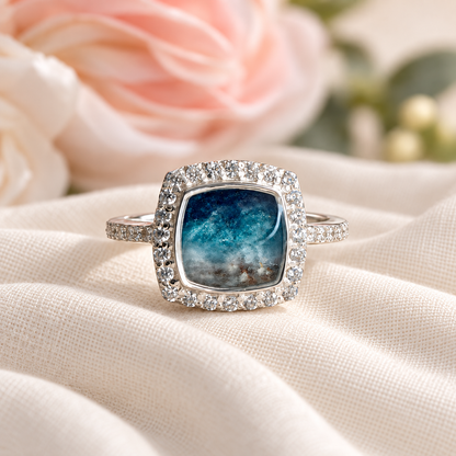 Square cushion cut keepsake stone ring with surrounding pave cz accents