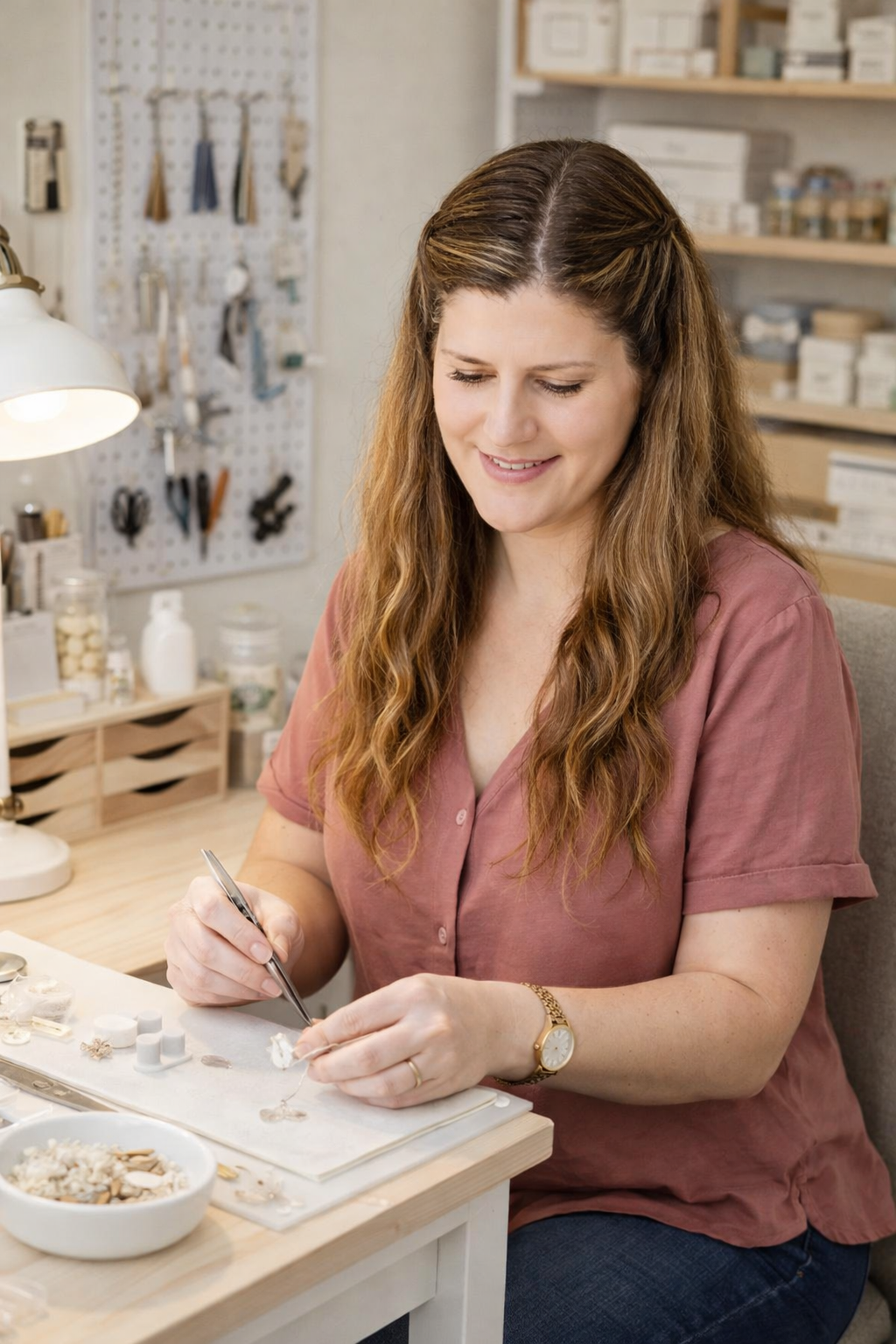 Woman working on jewelry at a table in a workshop setting
