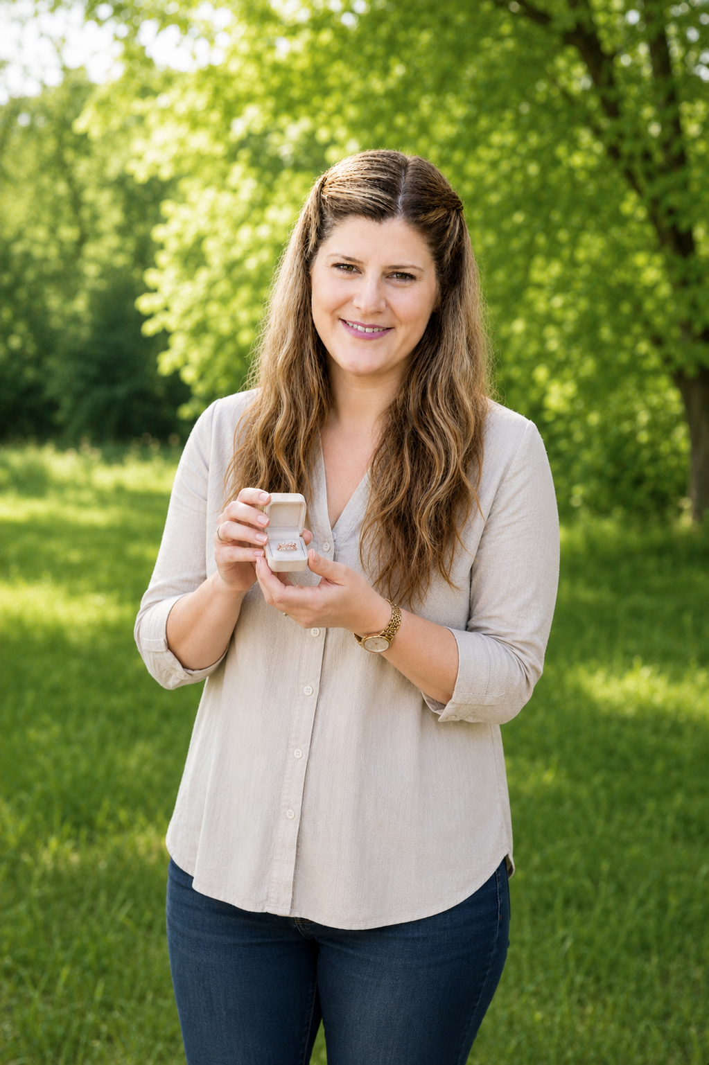 Woman holding a keepsake ring made with breastmilk