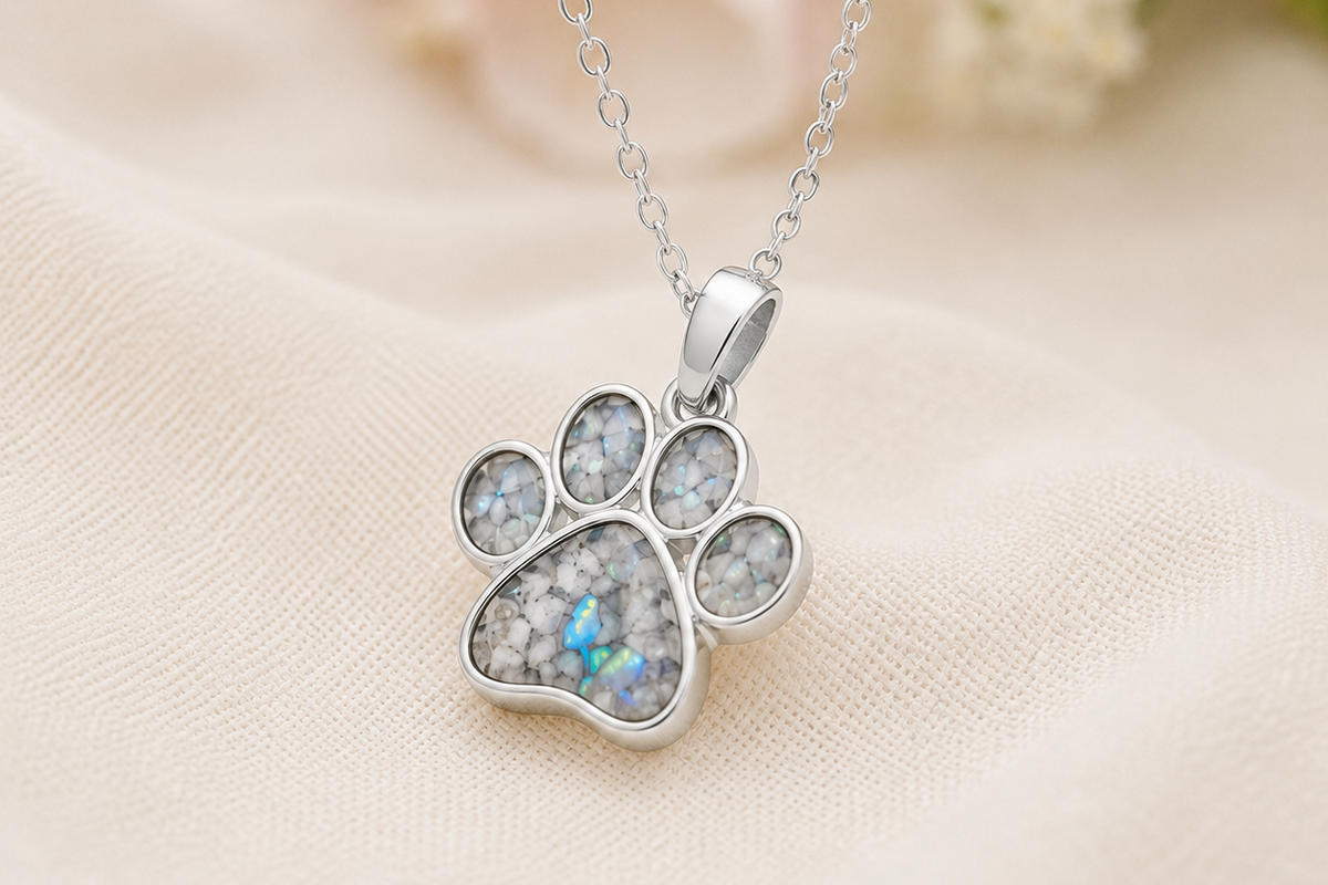 Silver paw print necklace on a soft background
