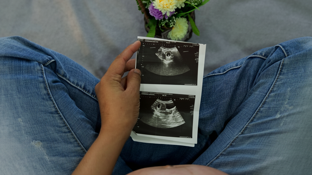 A person sitting cross-legged on a gray blanket, holding two black-and-white ultrasound photos. A small vase of purple, yellow, and green flowers sits above them.