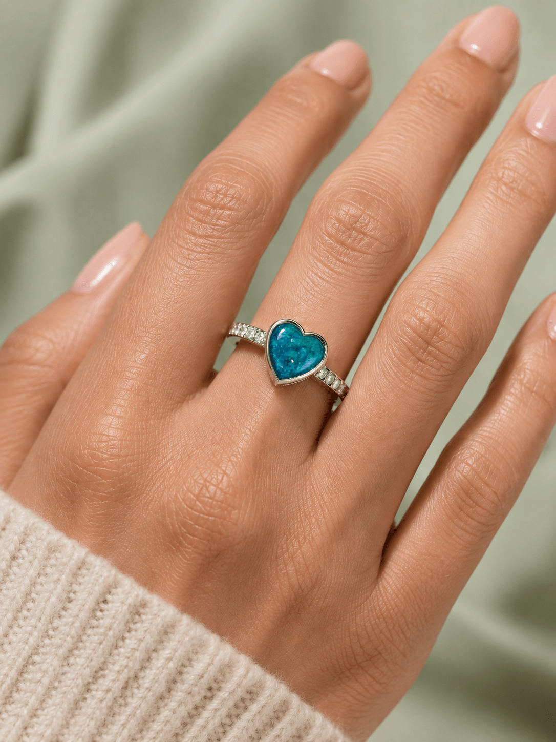 Model wearing the Beloved Halo Heart Ring in sterling silver personalised with cremation ashes in turqouise.