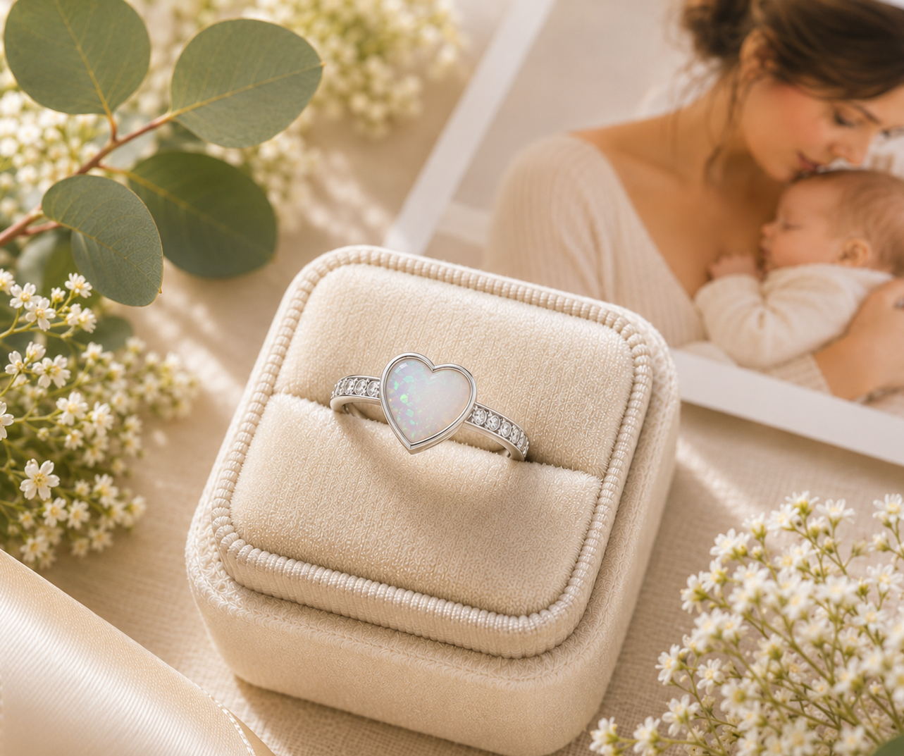 Silver breastmilk ring with heart design in a beige jewelry box, woman holding a baby in the background
