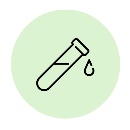 Icon of a test tube with a droplet on a light green circle
